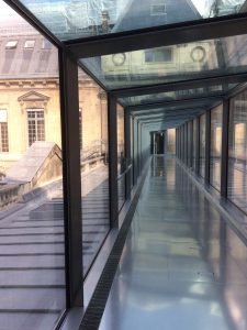 The glass walkway across eighteenth century buildings to reach the manuscript room